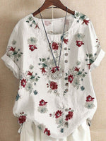 LilyWish White Casual Round Neck Floral Printed Short Sleeve Blouse