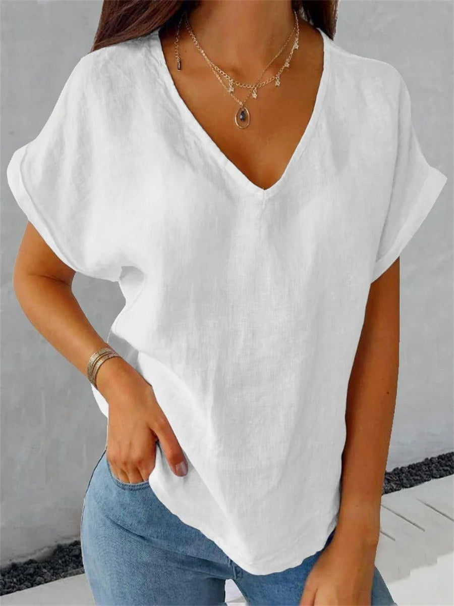 LilyWish Loose Casual Plain V-Neck Shirt