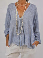 Women’s Casual Solid Color Textured V Neck Loose Long Sleeve Blouse