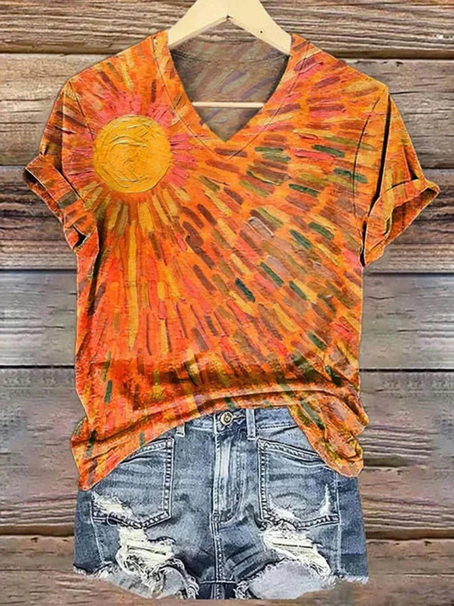 LilyWish Colourful Abstract Print V-neck Short Sleeve T-Shirt