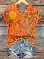 LilyWish Colourful Abstract Print V-neck Short Sleeve T-Shirt