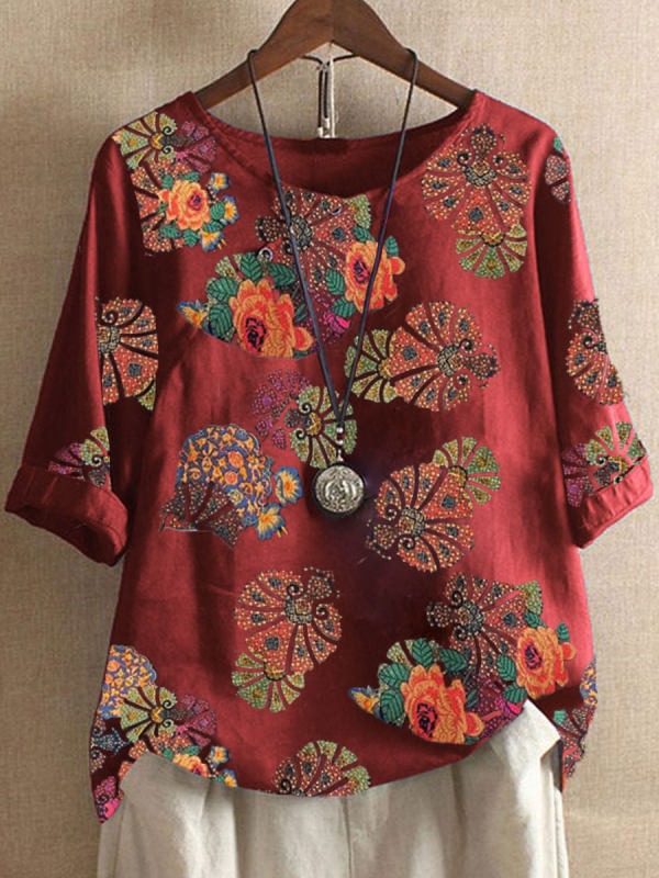 Red Round Neck Short Sleeve Floral Printed Blouse