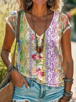 LilyWish Vintage Floral Print V-neck Short Sleeve T-Shirt
