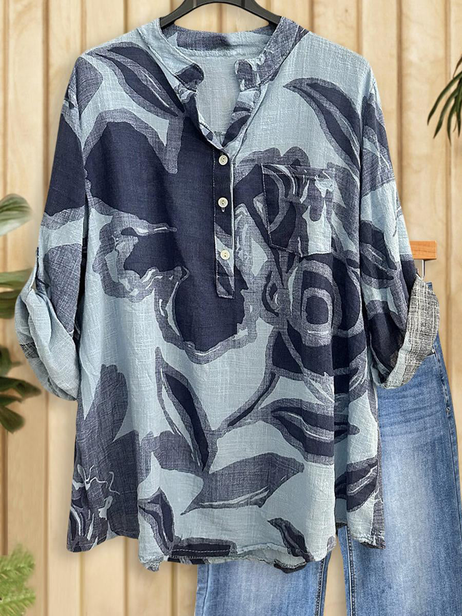 Blue V-neck Long Sleeve Top