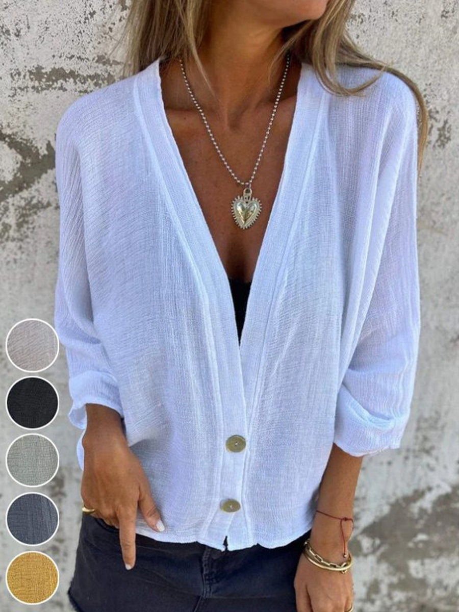 LilyWish V Neck Long Sleeve Plain Buckle Regular Loose Blouse