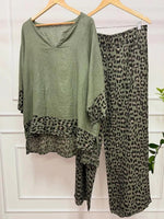 Green Long Sleeve Leopard Two Piece Set