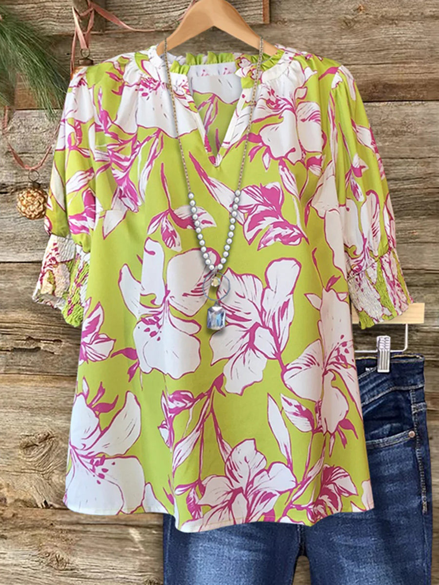LilyWish Floral Print V-neck Short Sleeve Top