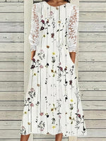 White Casual Round Neck Floral Printed Long Sleeve Dresses