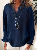 LilyWish Plain Solid Button V Neck Casual Cotton Long Sleeve Blouse