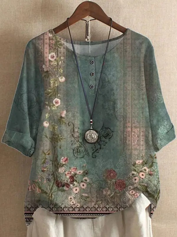 LilyWish Green Casual Round Neck Floral Printed Long Sleeve Blouse