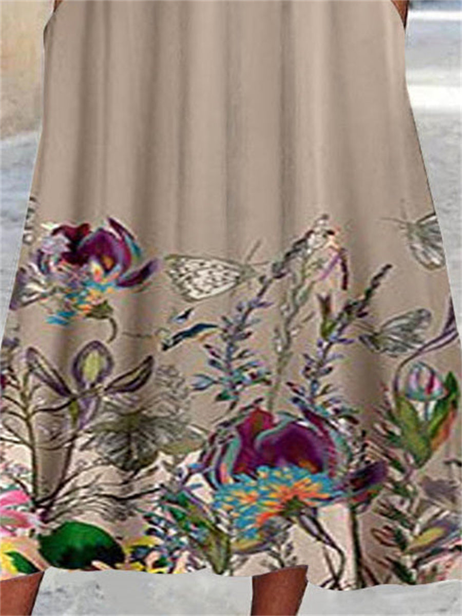 Women's Short Sleeve Square Collar Floral Printed Lace Stitching Midi Dress