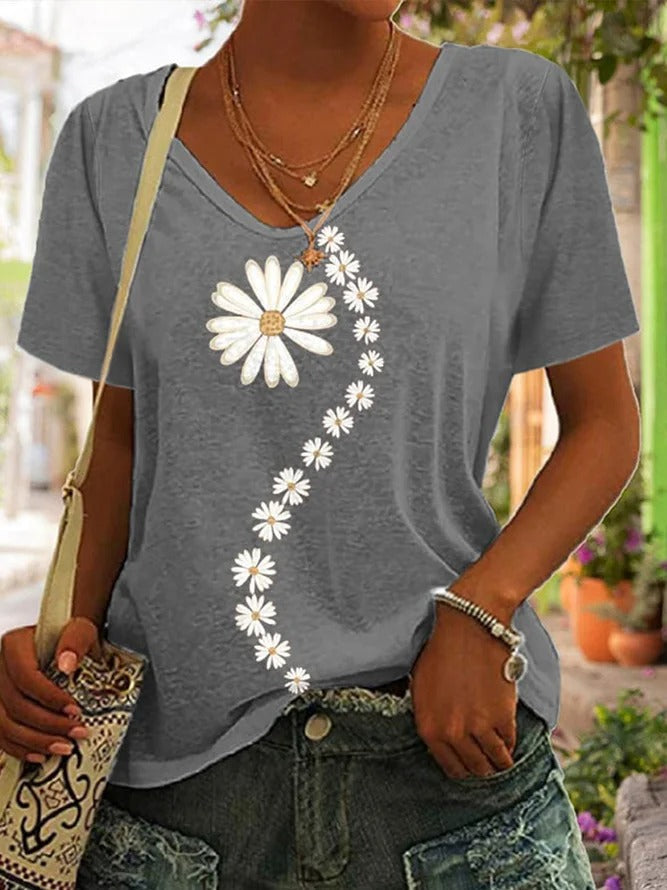 LilyWish Gray Casual V Neck Floral Printed Short Sleeve Shirt