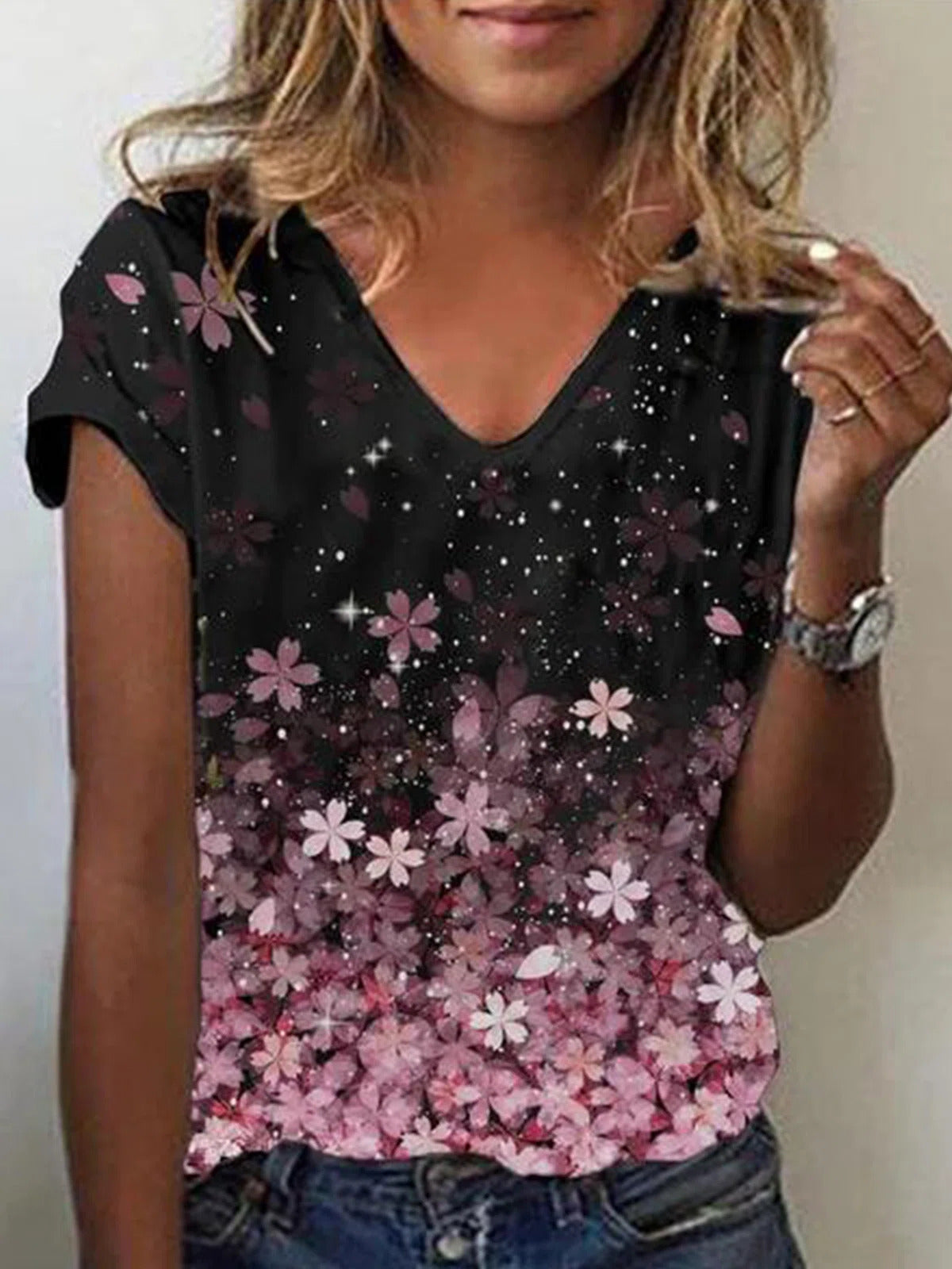 LilyWish Sakura Printed V-neck Short Sleeve T-shirt - Black