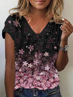 LilyWish Sakura Printed V-neck Short Sleeve T-shirt - Black
