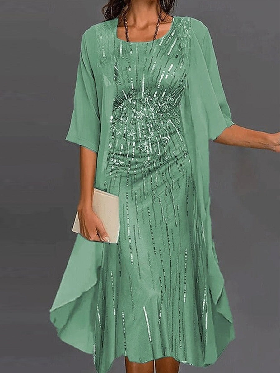 Floral Print Crew Neck Half Sleeve Loose Two Piece Dress