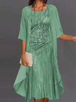 Floral Print Crew Neck Half Sleeve Loose Two Piece Dress