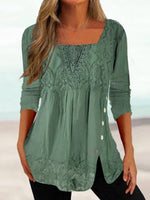 Women's Lace Patchwork Square Neck Tunic Top with Side Buttons