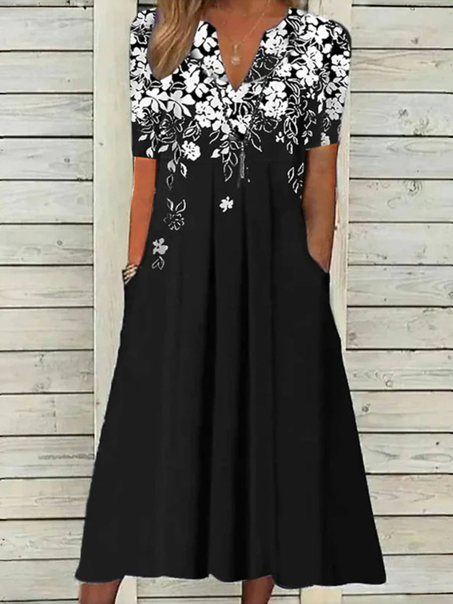 LilyWish Vintage Floral Print V-neck Short Sleeve Dress