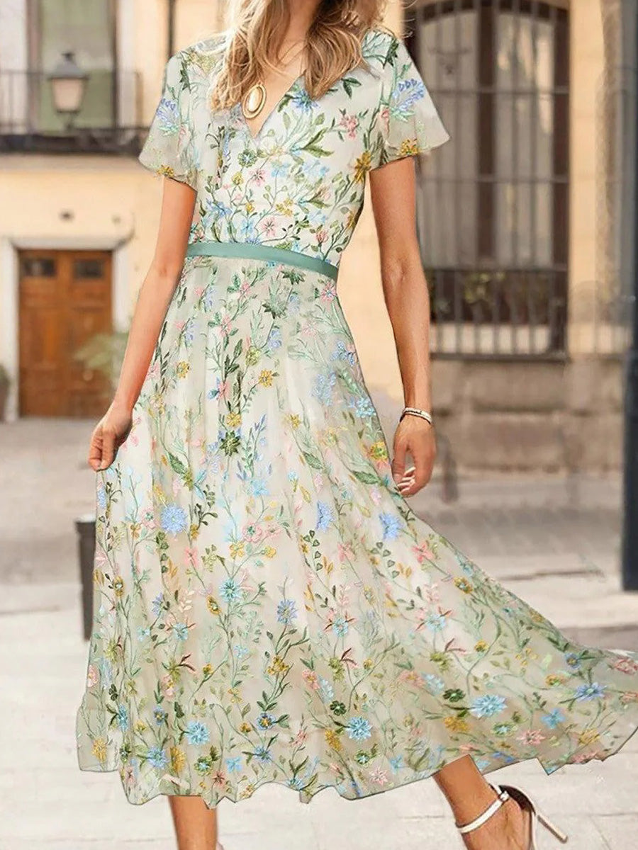Youthful V-Neck Short Sleeve Floral Printed Midi Dress