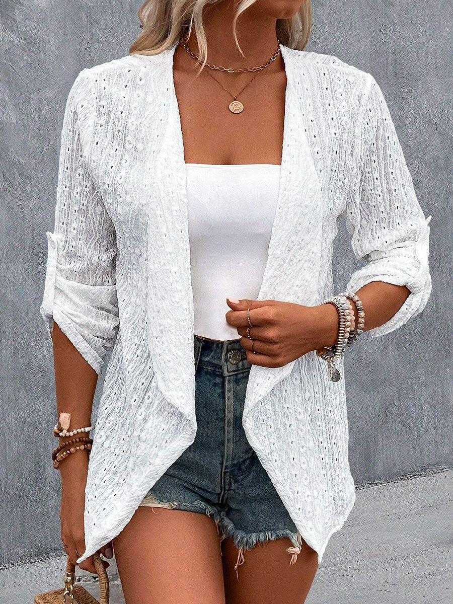 LilyWish 3/4 Sleeve Plain Embroidery Hollow Out Casual Loose Top