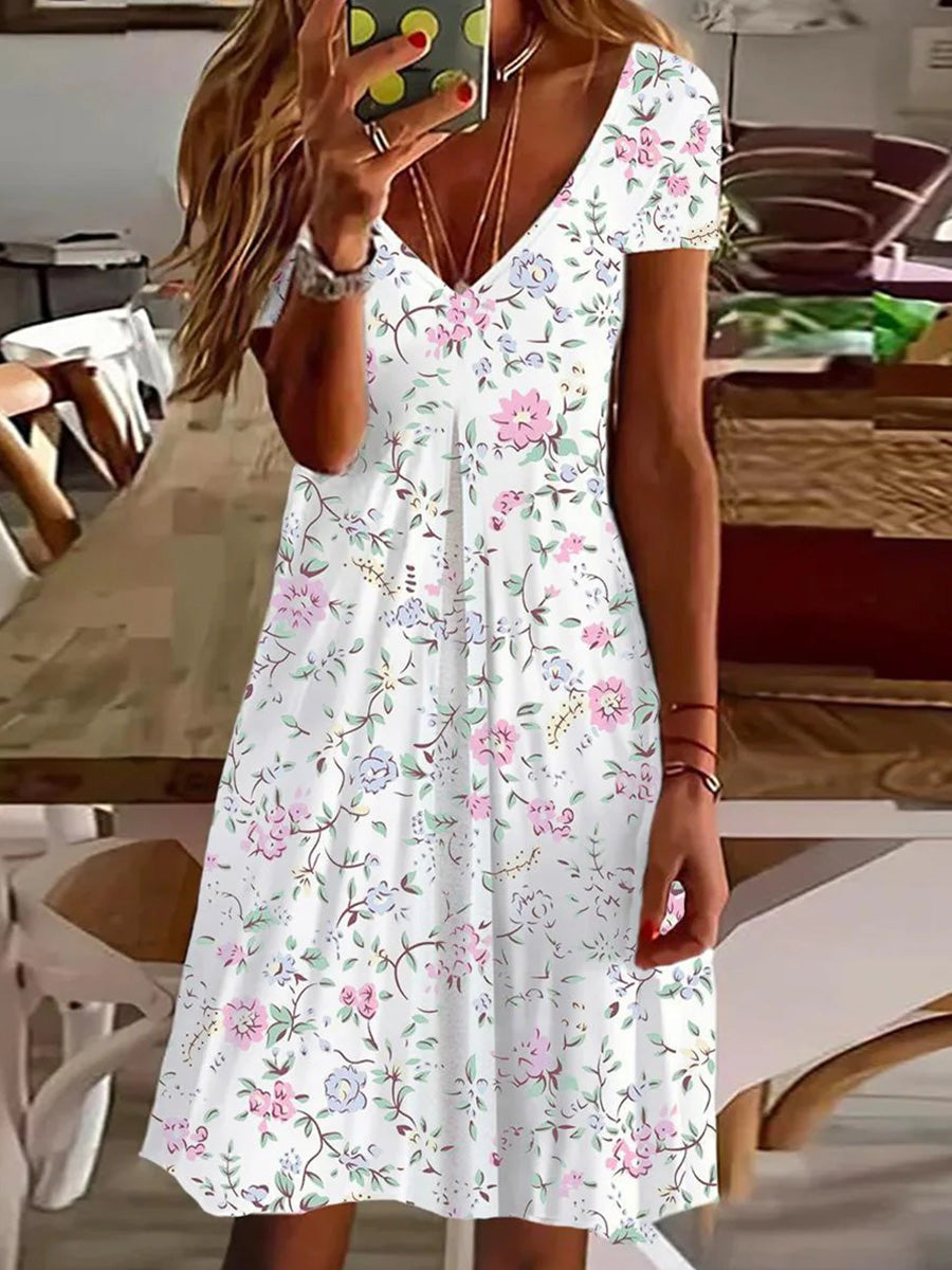 LilyWish Floral Print V-Neck Short Sleeve Mini Dress