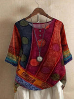 Casual Printed Round Neck Buttoned Loose Top