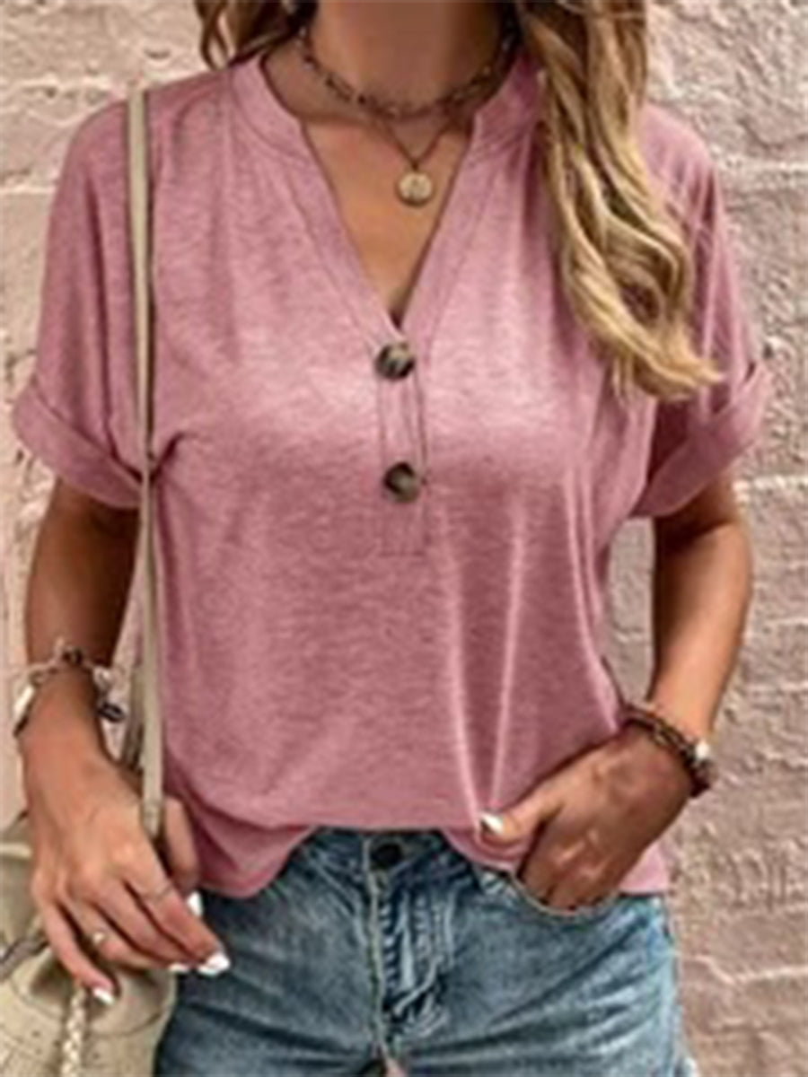 Women’s V-Neck Button Front Short Sleeve Casual Loose Top