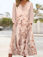 Women's Long Sleeve V-neck Floral Printed Lace Stitching Midi Dress
