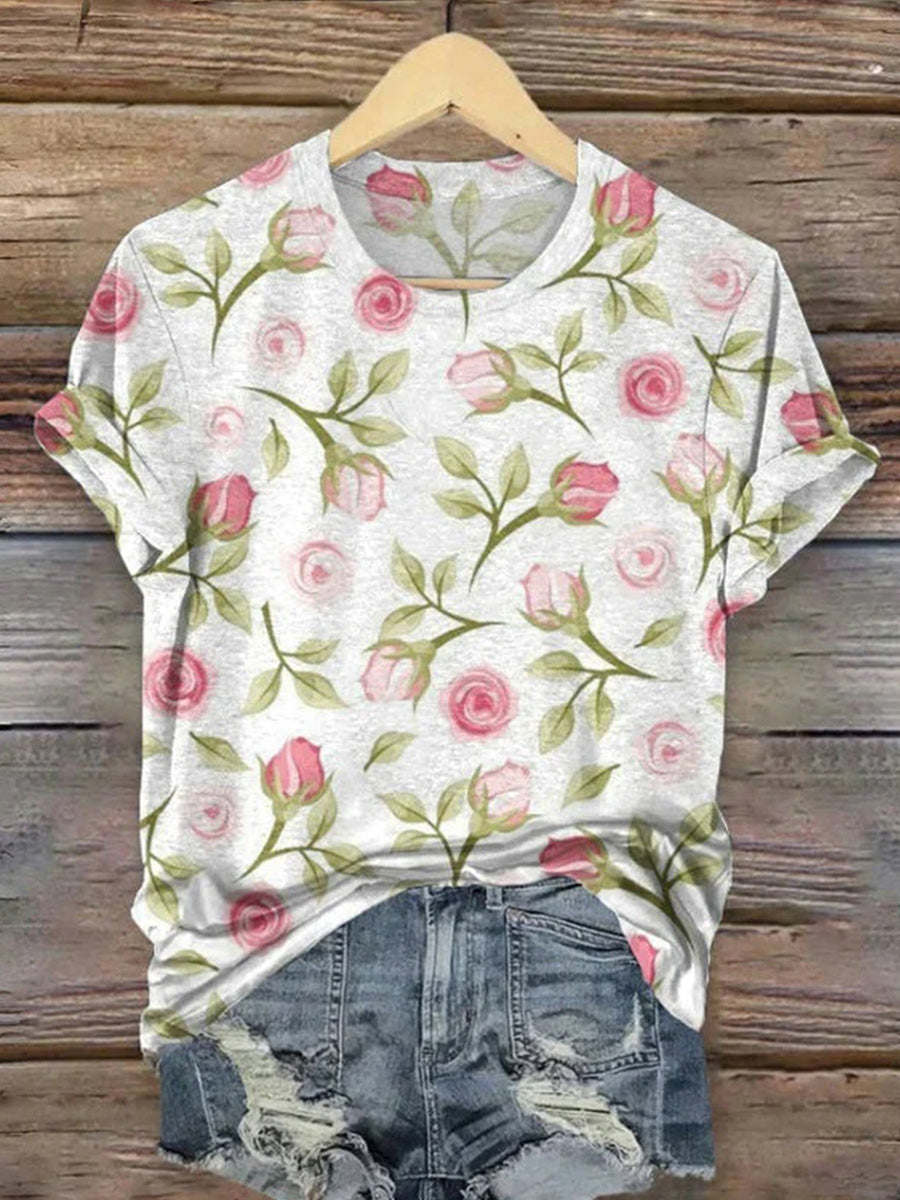 LilyWish Vintage Floral Print Round Neck Short Sleeve T-Shirt