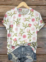LilyWish Vintage Floral Print Round Neck Short Sleeve T-Shirt