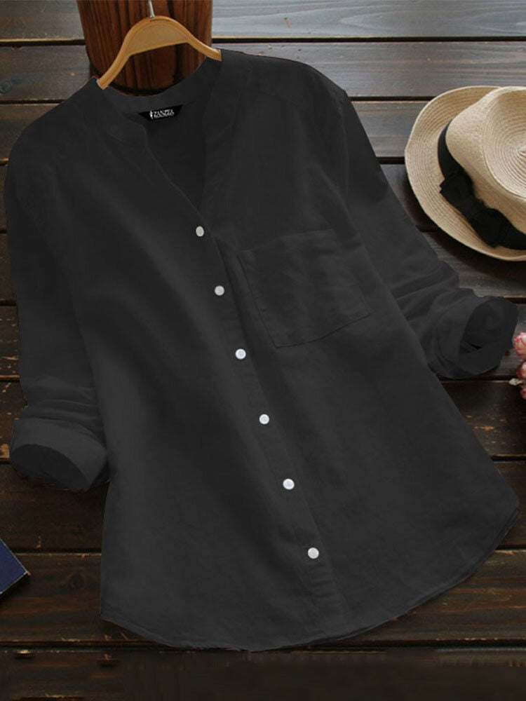 LilyWish Solid Pocket Long Sleeve Button Stand Collar Blouse