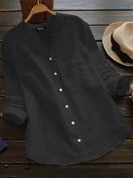 LilyWish Solid Pocket Long Sleeve Button Stand Collar Blouse