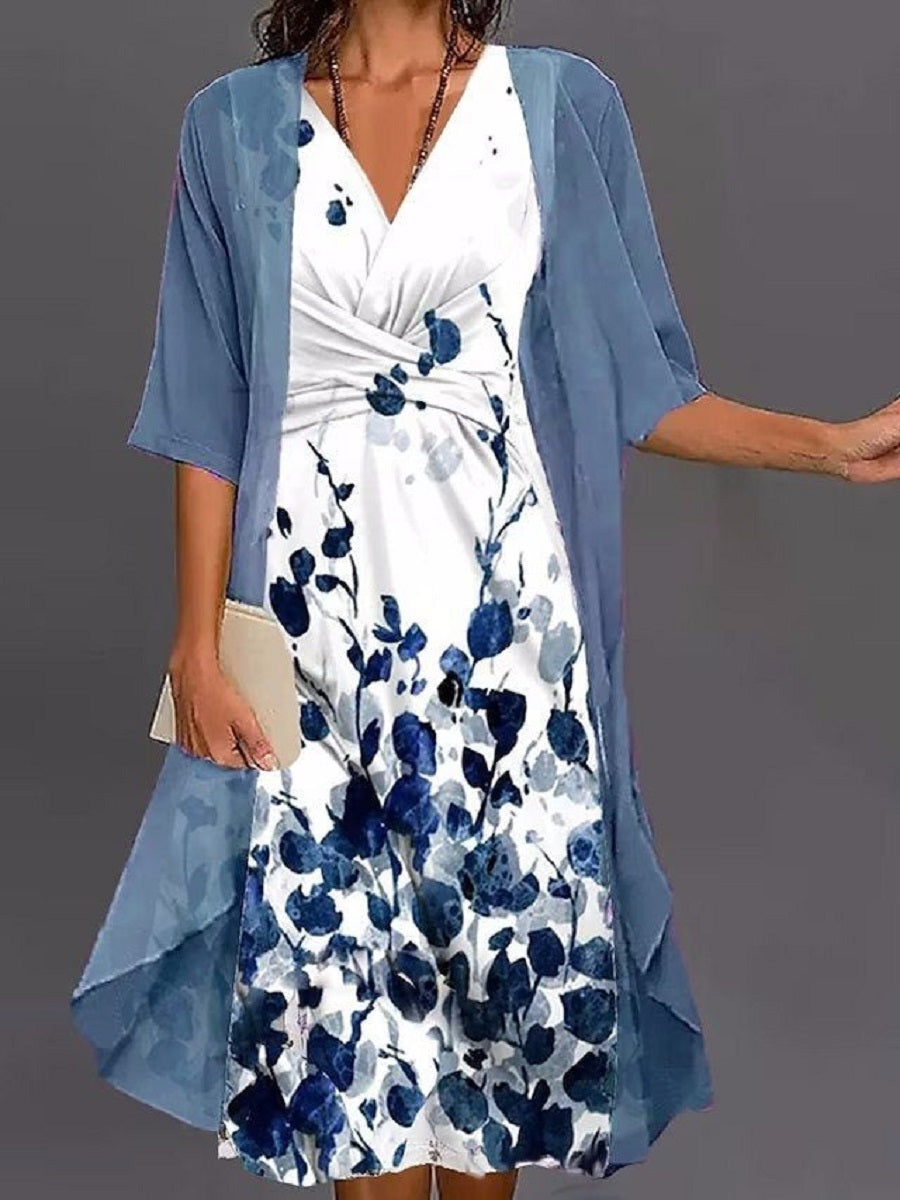 Women's Floral V-Neck Midi Dress with Chiffon Open-Front Cardigan