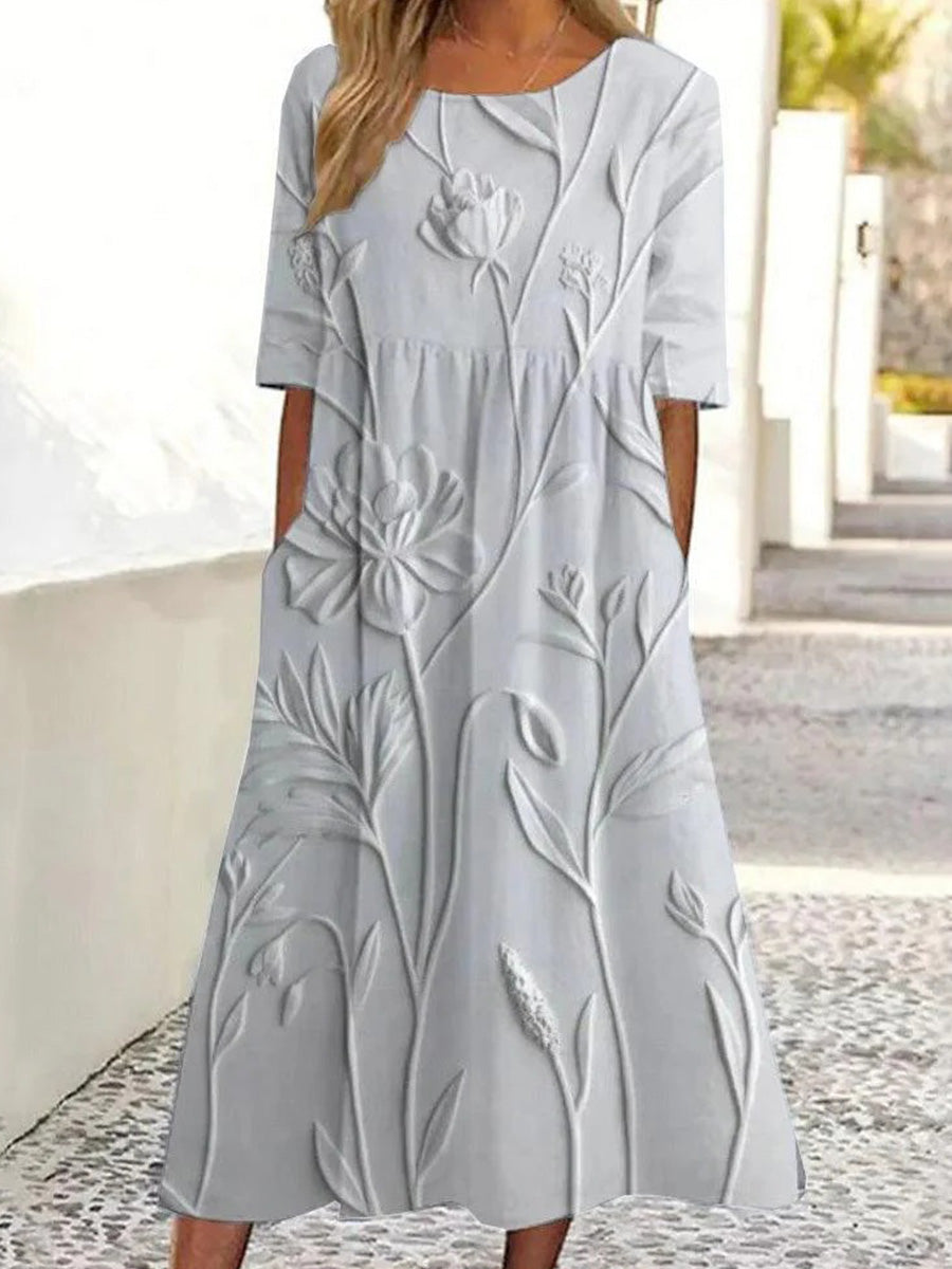 LilyWish Grey Round Neck Short Sleeve Midi Dress