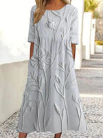 LilyWish Grey Round Neck Short Sleeve Midi Dress