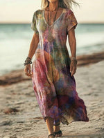 LilyWish Vintage Gradient V-neck Short Sleeve Dress