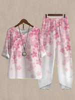Pink Casual Round Neck Floral Printed Half Sleeve Two Piece Suit