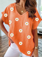 Women's Orange Daisy Print V-Neck Short Sleeve Casual Blouse