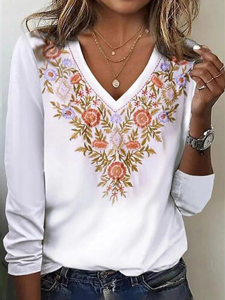 LilyWish Chic Floral Print V-Neck Long Sleeve White Top