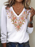 LilyWish Chic Floral Print V-Neck Long Sleeve White Top
