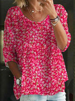 LilyWish Flower Print Crew Neck 3/4 Sleeve Comfy Blouse