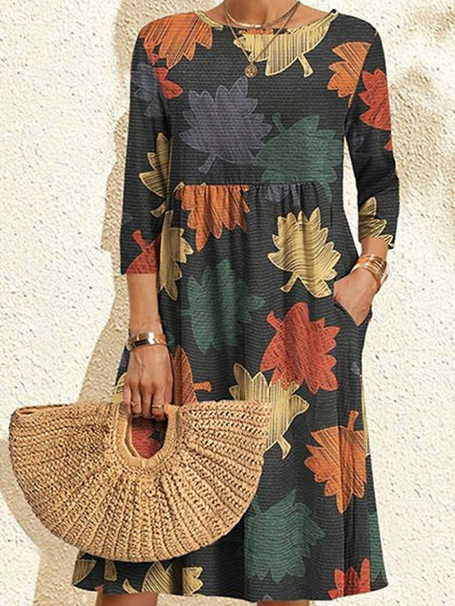 LilyWish Crew Neck 3/4 Sleeve Leaf Print Loose Fit Midi Dress