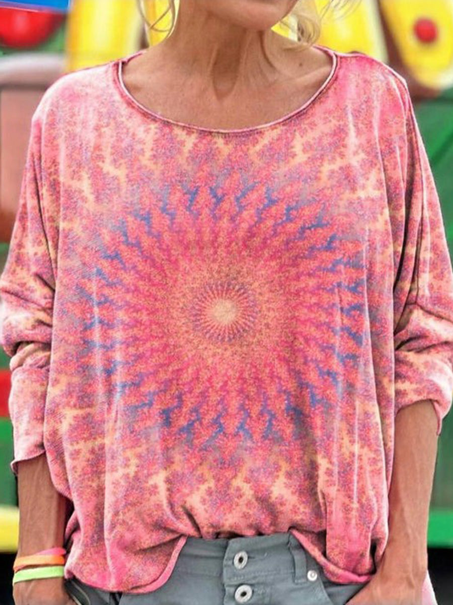 LilyWish Vintage Pink Loose Gradient Crew Neck Blouse