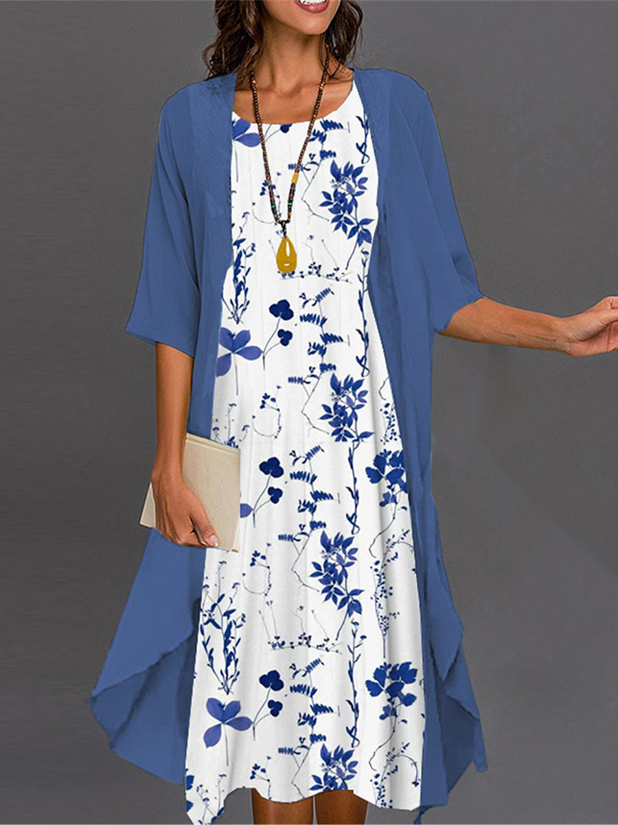 LilyWish Crew Neck Half Sleeve Floral Two Piece Midi Dress
