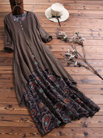 LilyWish Vintage Print Patchwork Pokcet Long Sleeve Plus Size Maxi Dress