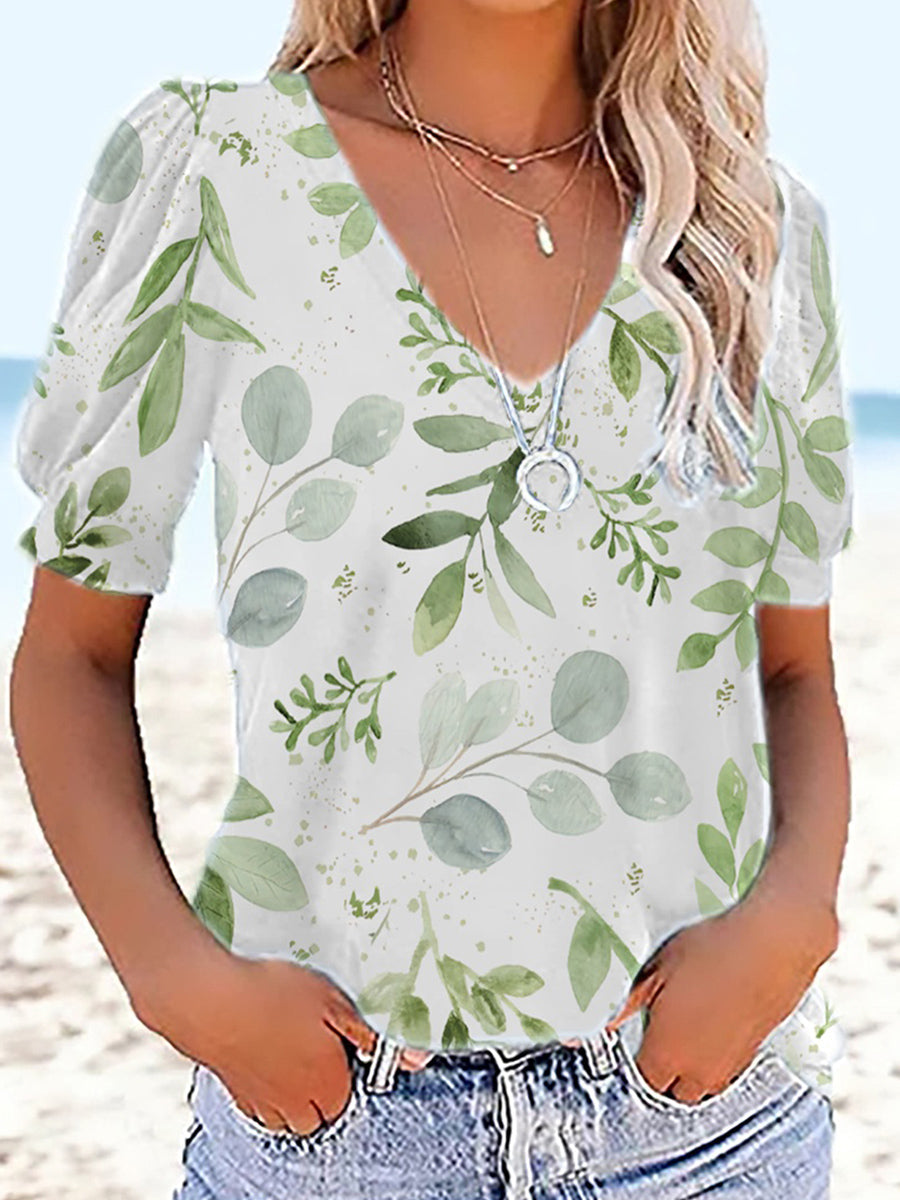 Casual Print Patchwork V Neck T-Shirt