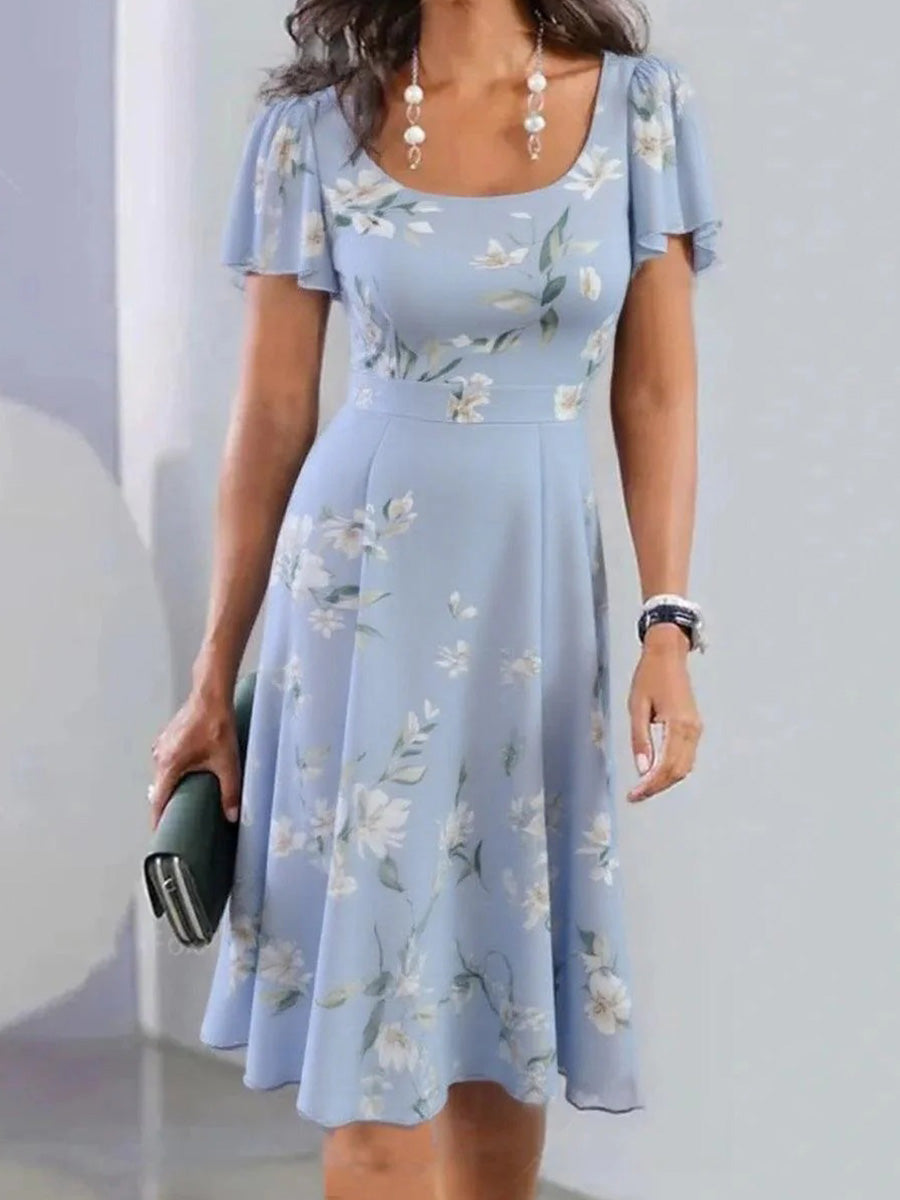 Fresh Floral Print Round Neck Short Sleeve Mini Dress