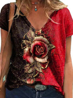 Women’s V-neck Short Sleeve Color Block Rose Print Casual T-shirt