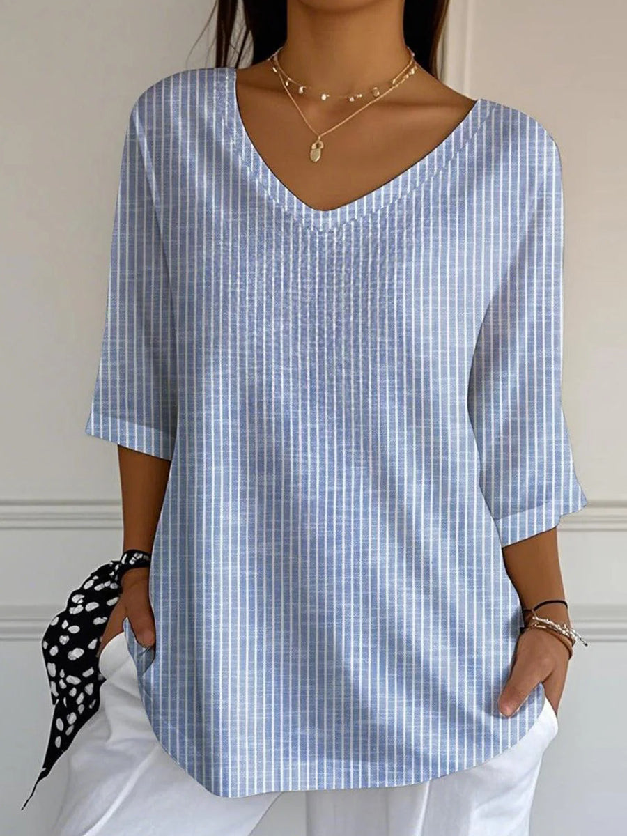 LilyWish Blue V-neck 3/4 Sleeve Striped Top