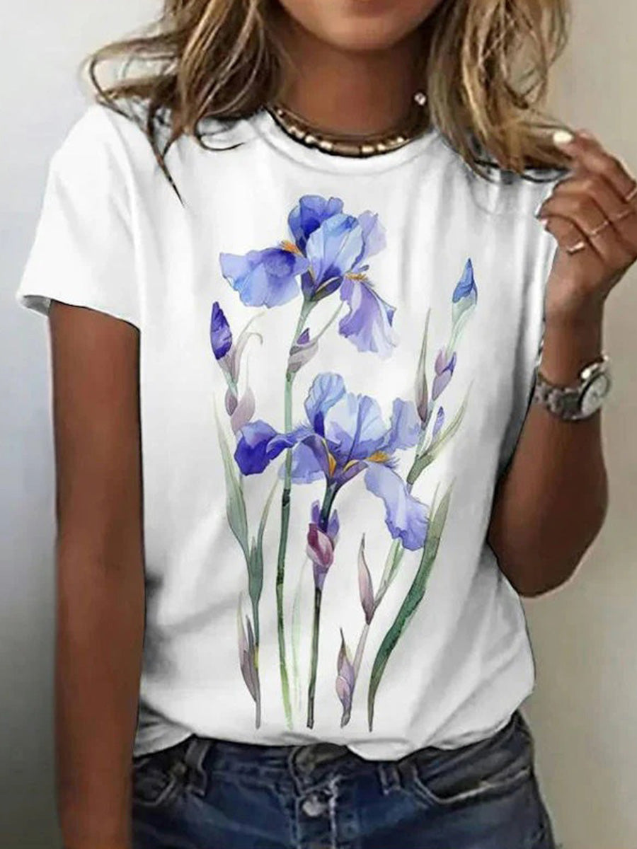 LilyWish Casual Floral Print Round Neck Short Sleeve T-Shirt